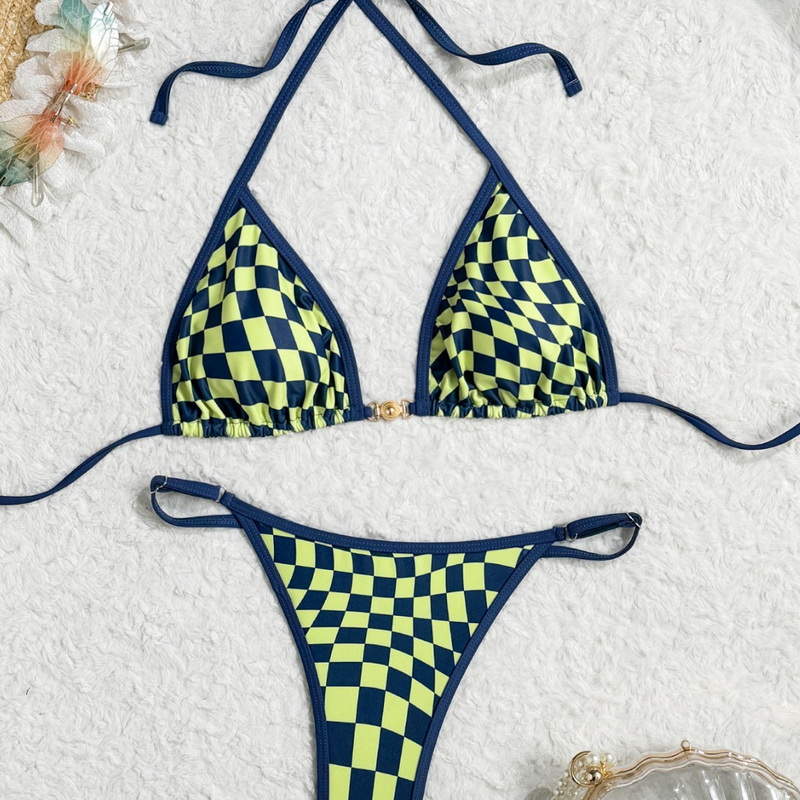 Plaid Triangle Tie Bikini With Padded Cups For Women