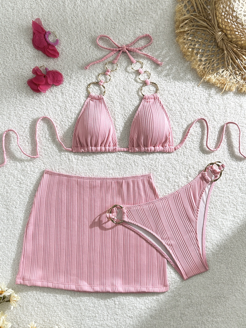 Sexy Solid Color Three-Piece Bikini Set - Thai Vacation Women's Swimwear