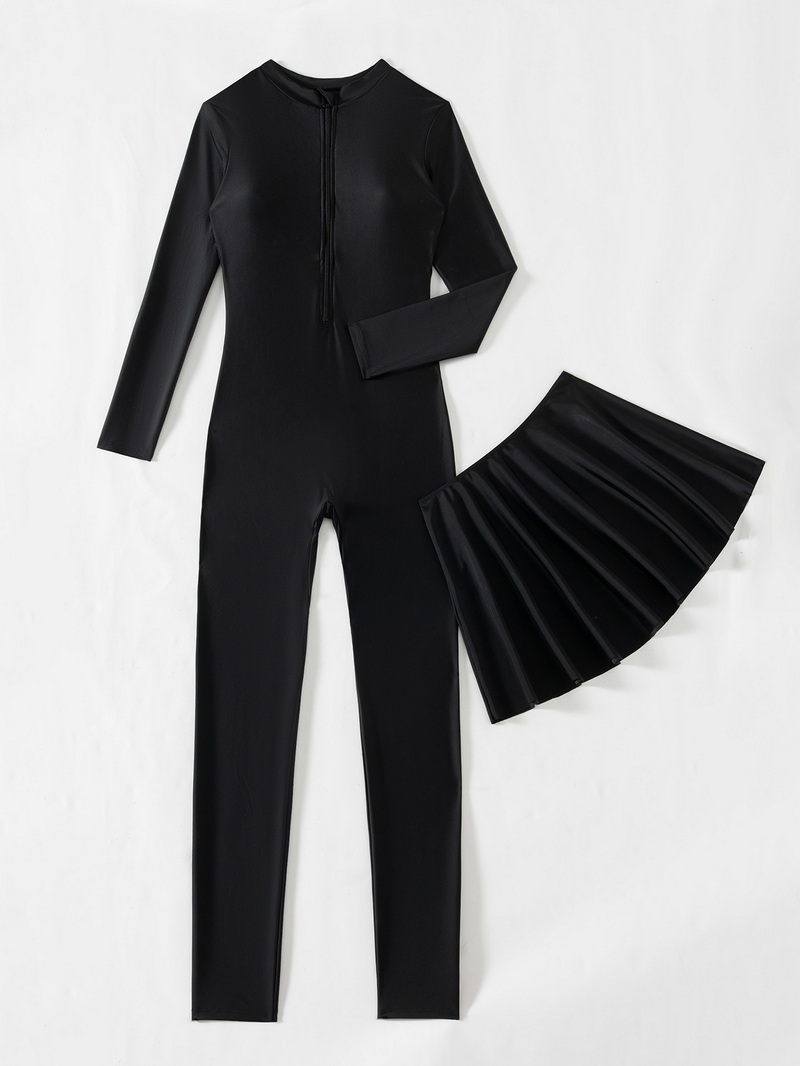 2025 New European Solid Long Sleeve One-Piece Swimsuit With Mesh Skirt Diving Style_1