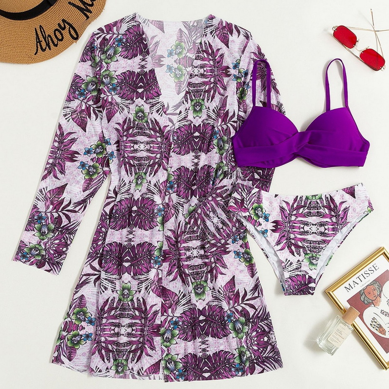 2025 New European Mesh Three-Piece Swimsuit With Twist Front Bikini And Cover-Up