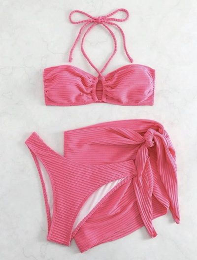 Custom 3-Piece Bikini Set with Sheer Skirt - Halter Solid Color Sexy Swimwear_13