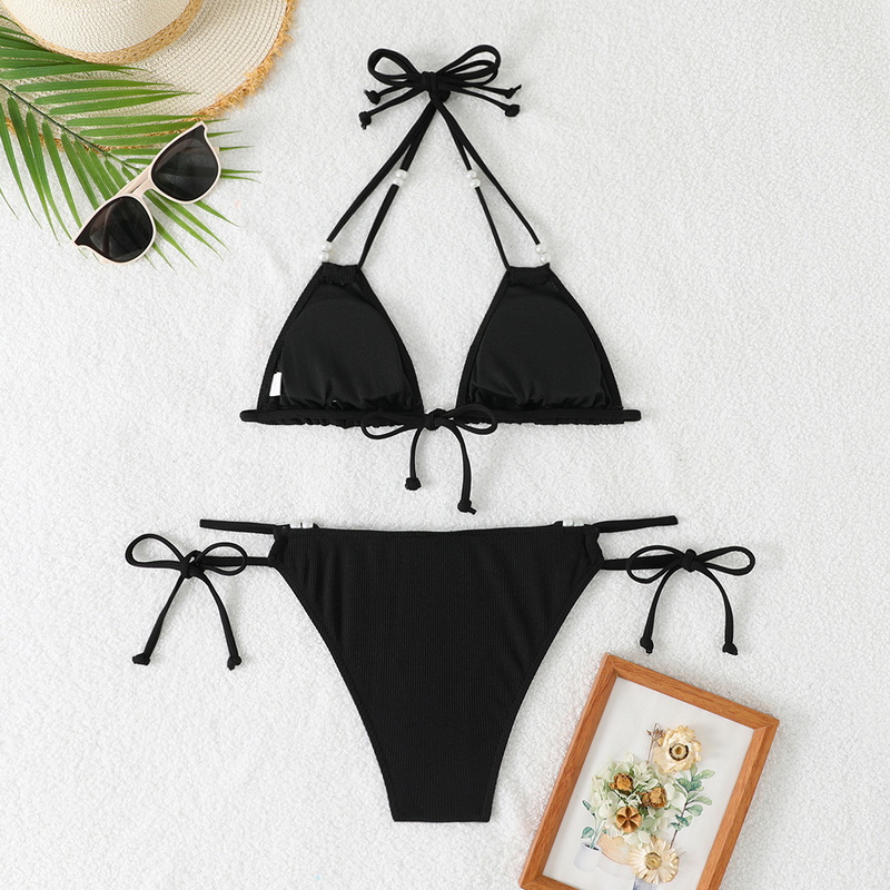 2025 Western Style Swimsuit &ndash; Solid Color Pearl Tie Sexy Bikini Set_12