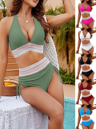 2025 New Western Style Two-Piece Bikini – High Waist Solid Color Swimwear