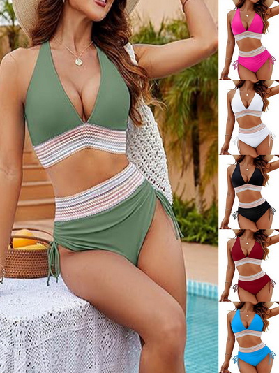 2025 New Western Style Two-Piece Bikini – High Waist Solid Color Swimwear