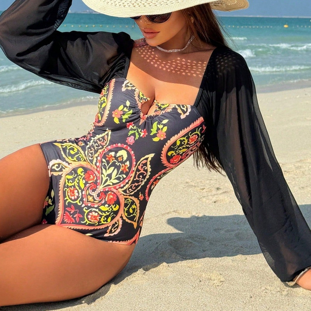 2025 New Tummy Control Long Sleeve Strapless Printed One-Piece Swimsuit for Women
