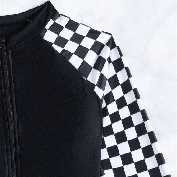 2025 New European and American One-Piece Bikini Long Sleeve Plaid Rash Guard Swimsuit