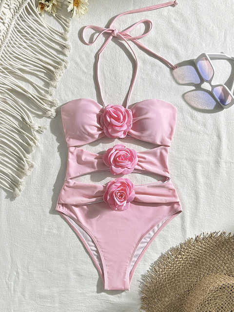 Sexy Solid Color Floral One-Piece Bikini - INS Style Beach Vacation Swimsuit