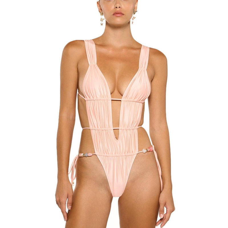 New Sexy Solid Color Backless One-Piece Swimsuit for Women with Tie Straps and Bead Detail_2