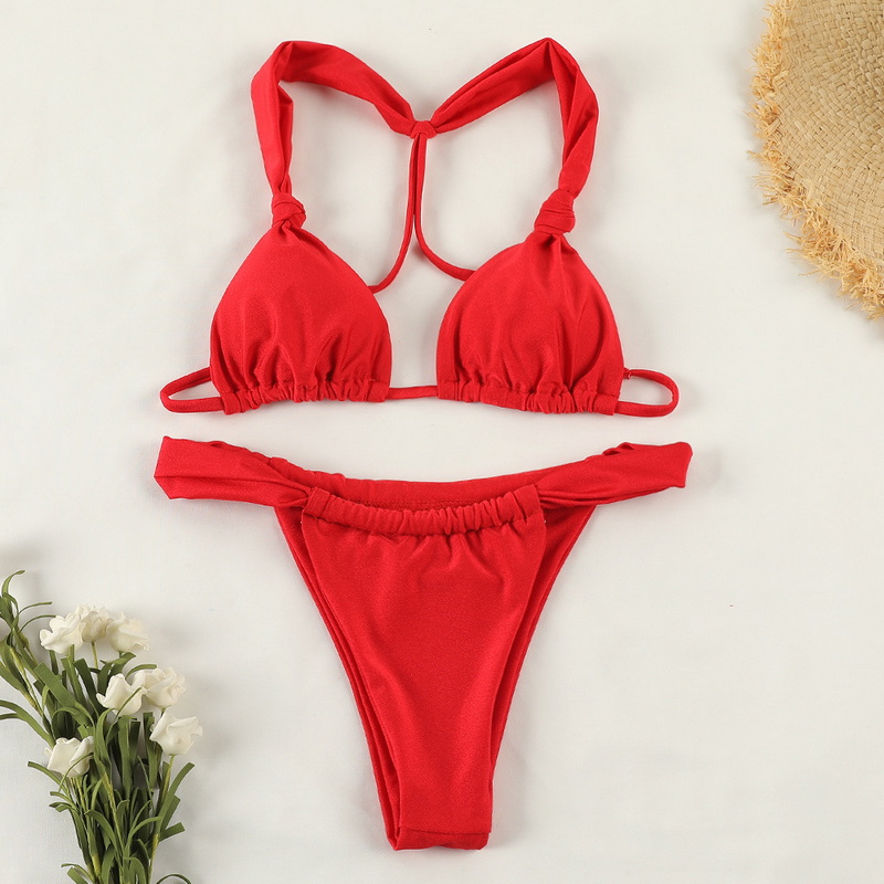 Solid Color Knot Tie Bikini Sexy Backless Double-Layer Fabric European_07