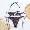Sexy Metal Three-Ring Bikini Printed Tie-Up Two-Piece Export Style