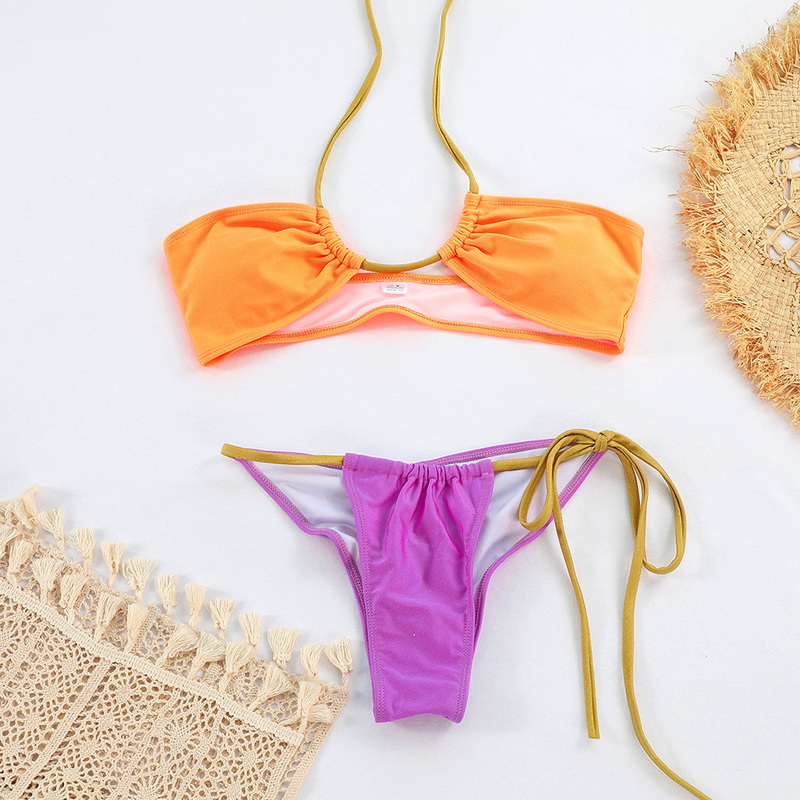 Glossy Nylon Colorblock Tie-Up Bikini Sexy Two-Piece Export Style