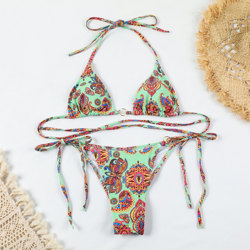 Backless Printed Three-Ring Tie Bikini Sexy Two-Piece European New_01