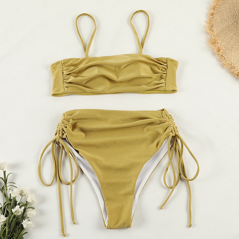 Glossy Double-Layer Tie Bikini Sexy Solid Color Two-Piece European Style_17