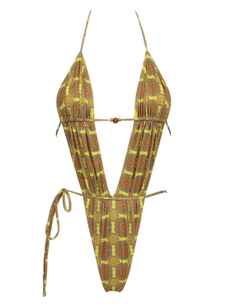 Sexy Deep V Printed One-Piece Bikini For Women With Tie-Back Design