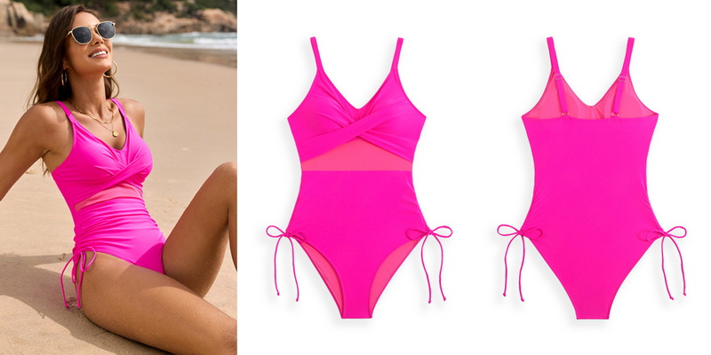 2025 New Solid Mesh Ruched One-Piece Swimsuit Hot-Selling Swimwear_14