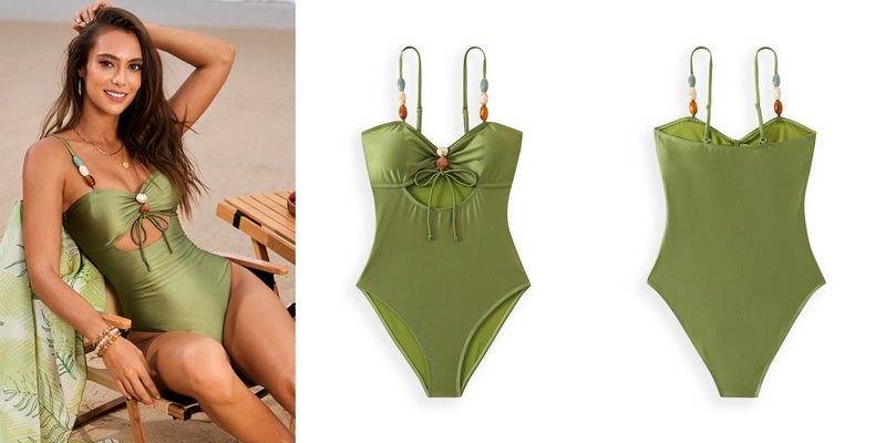 2025 New Glossy Solid Color Ruched Beaded One-Piece Swimsuit Set Hot-Selling_12