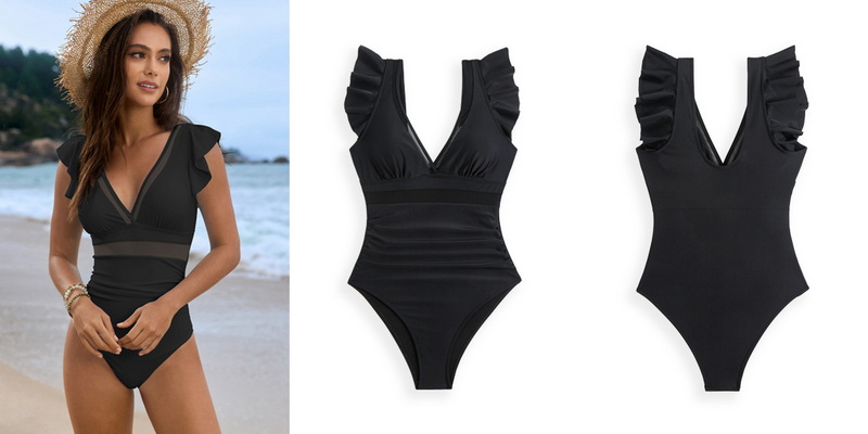 2025 New Mesh Stitching Solid Ruffle One-Piece Swimsuit Swimsuit Design_18