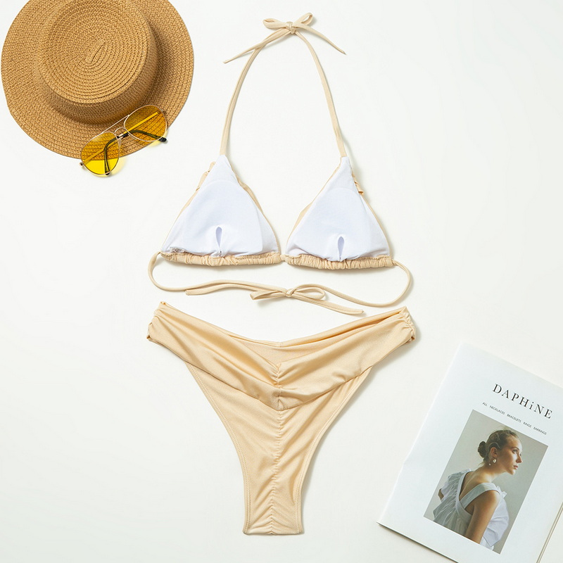 Solid Color Nylon Bikini Set For Women Sexy Tie-Up Ruched High-Waist Design_05
