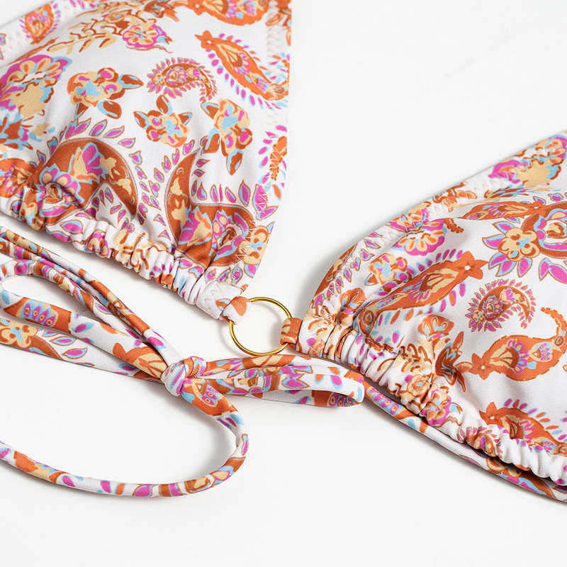 Printed Backless Bikini Set For Women Tie-Up Three-Ring Detail No Chain_11
