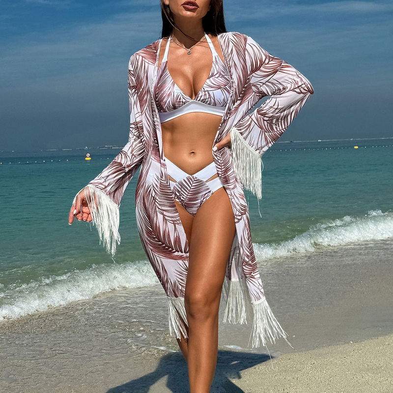 2025 New Women's Bikini Three-Piece Set With Sheer Cover-Up Miami Tassel Swimwear_14