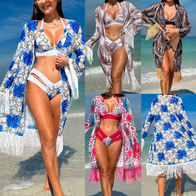2025 New Women's Bikini Three-Piece Set With Sheer Cover-Up Miami Tassel Swimwear