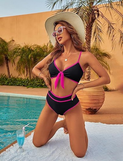 2025 New Color Block Bikini – High Waist Front Tie Two-Piece Swimwear