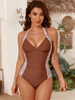 2025 Sexy Deep V Halter One-Piece Swimsuit - Patchwork European Style Bikini