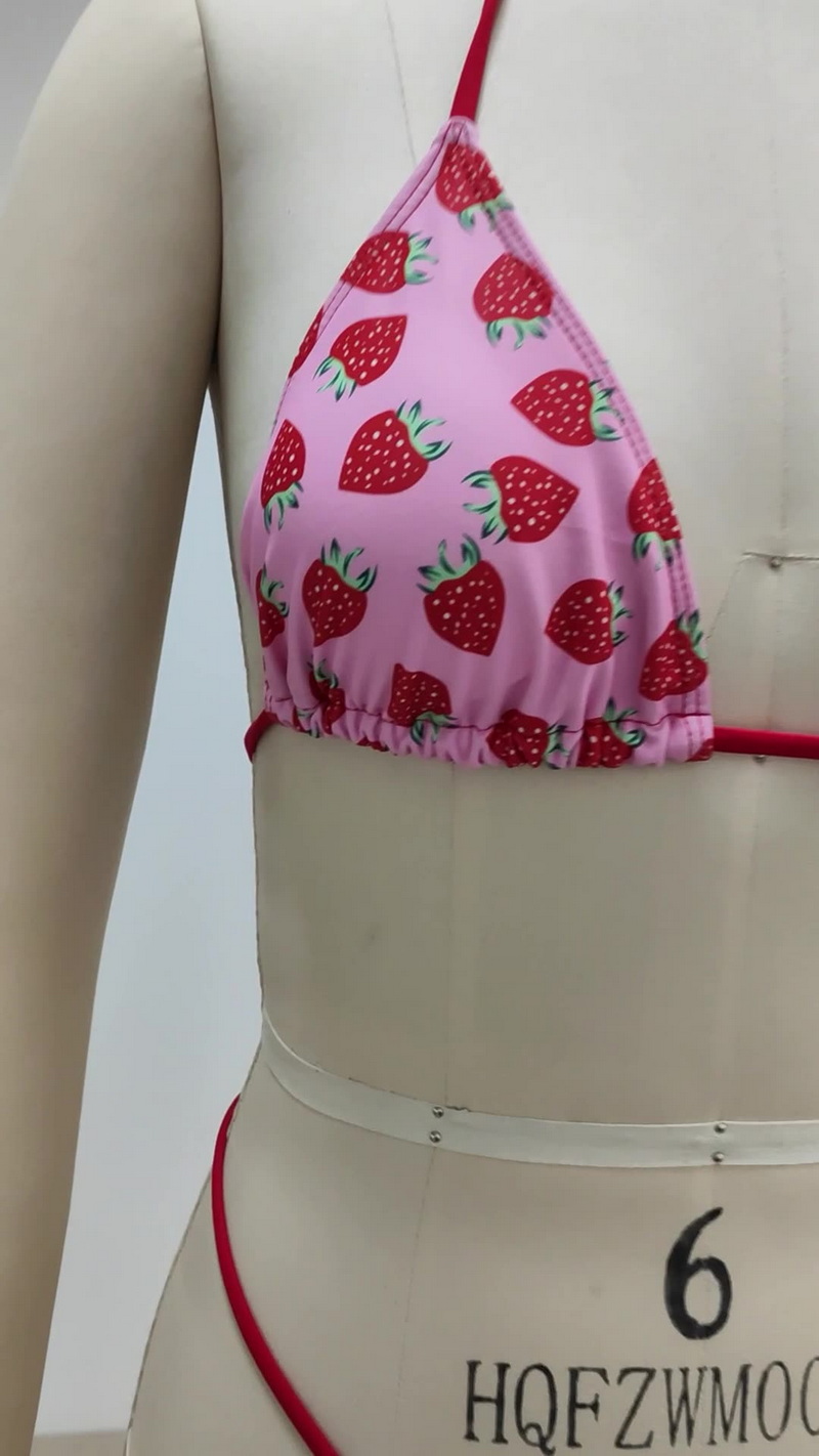 New Western Style Bikini – Strawberry Print Triangle Backless Swimwear for a Slimming Look