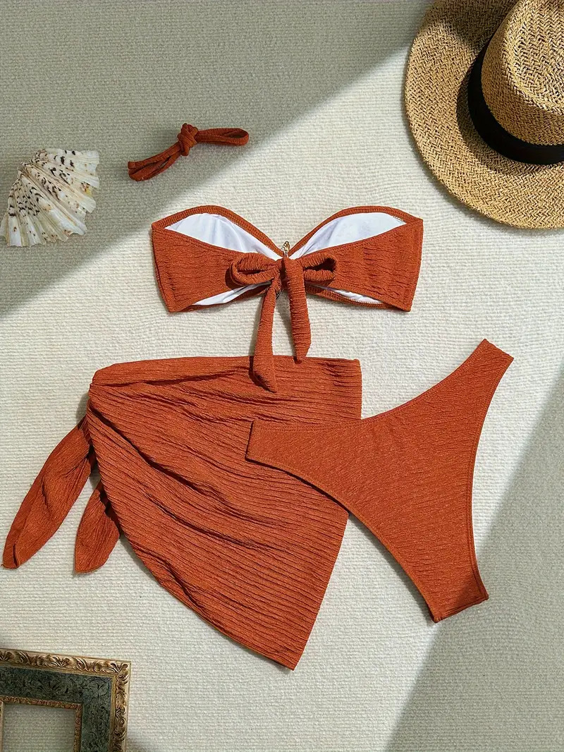 2025 New Three-Piece Solid Color Bikini With Bandeau Top And Beach Skirt_3