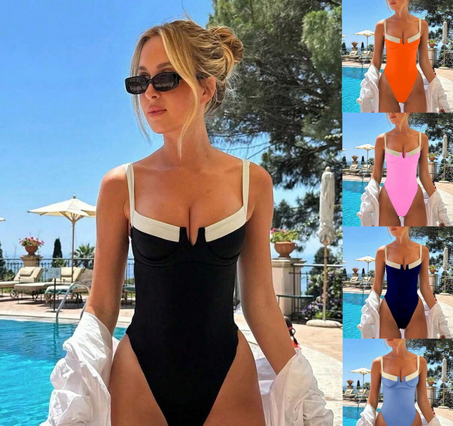 2025 New Solid Color French Vintage One-Piece Swimsuit, Sexy Slim Fit European Style