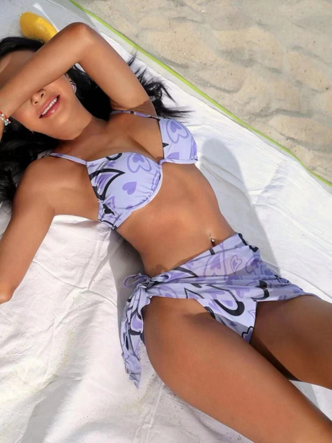 Sexy Light Purple One-Piece Bikini - Steel Support Three-Piece Beach Swimsuit