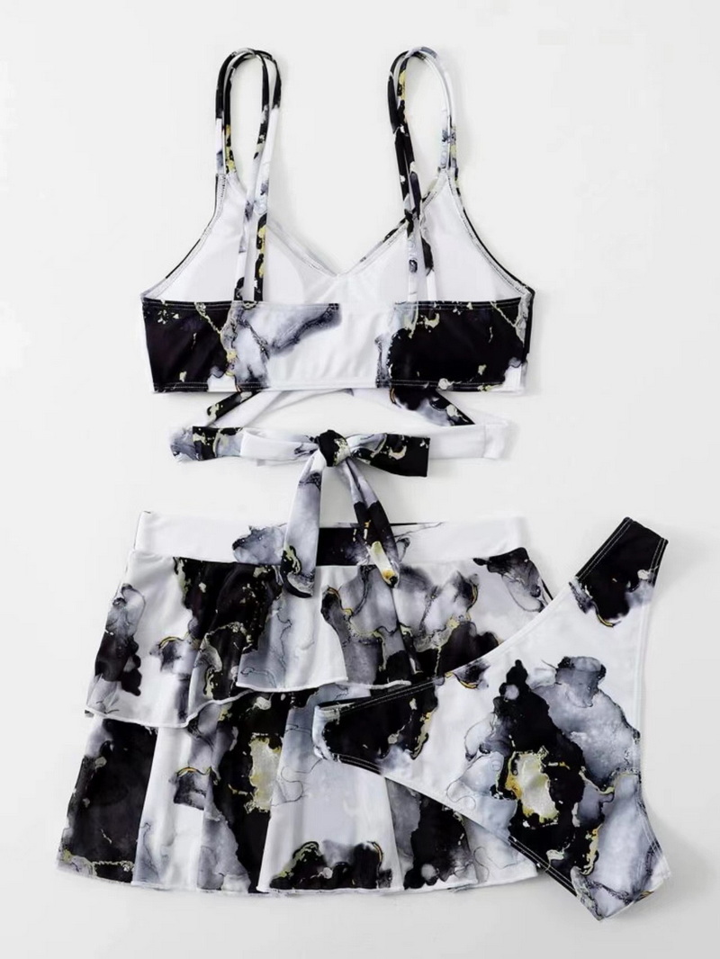 Sexy Marble Print Three-Piece Bikini Set - Beach Skirt Swimsuit_11