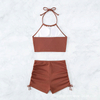 2025 New European Bikini With Boyshorts, High Neck Halter, And Front Tie Design