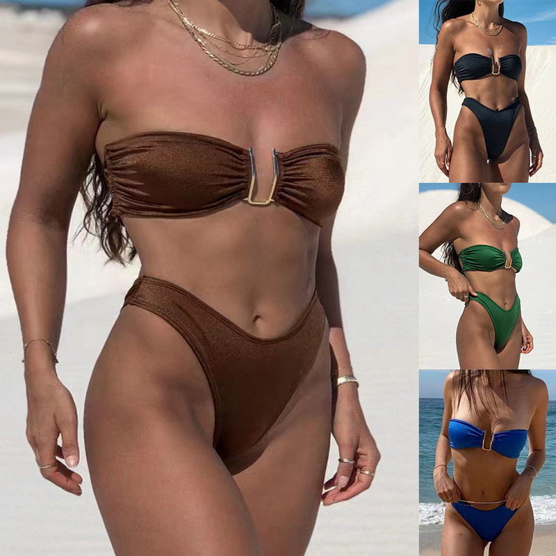 New European Bikini With Sexy U-Shaped Bandeau, Strapless High-Slit Swimsuit