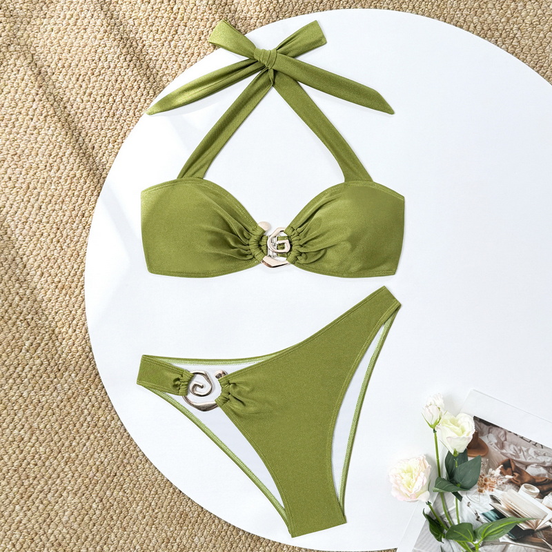 2025 New European Sexy Backless Halter Triangle Bikini In Solid Color Two-Piece Design