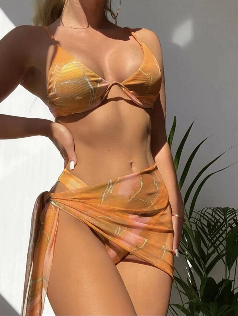 Marble Print Three-Piece Bikini Set - Sexy Women's Swimwear