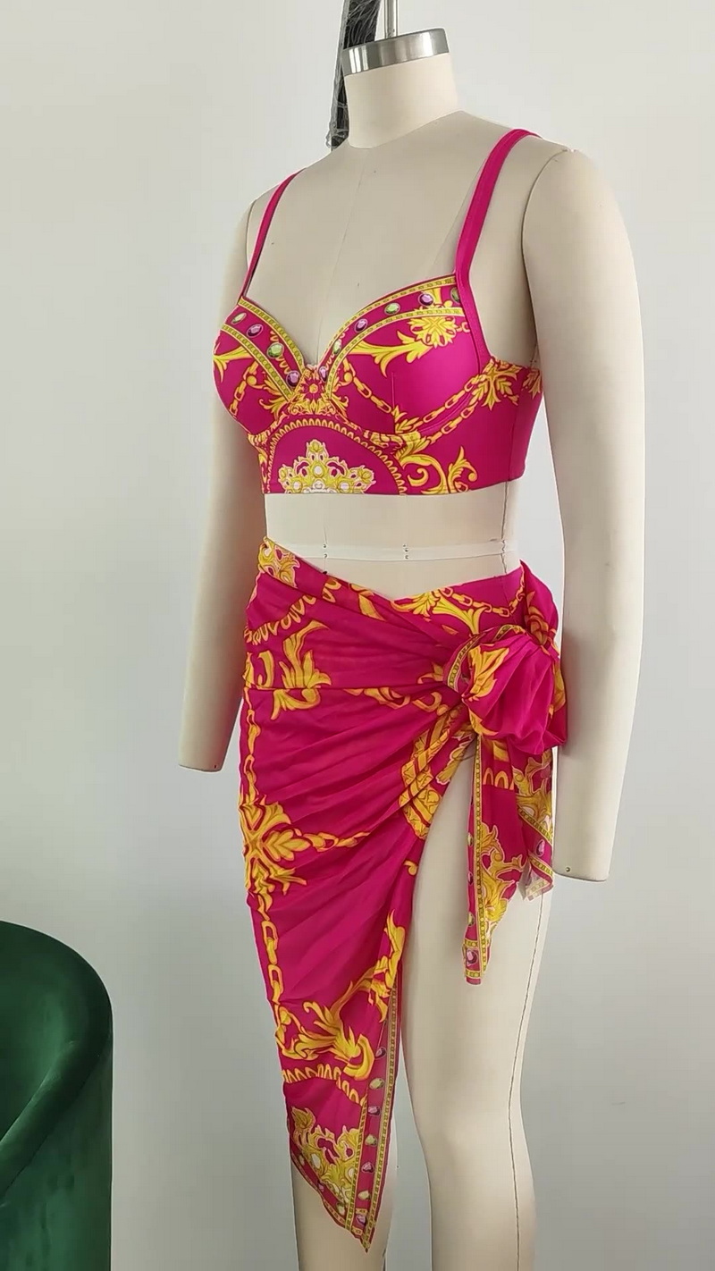 2025 Retro Print Mesh Tie Three-Piece Bikini Set European Style_2