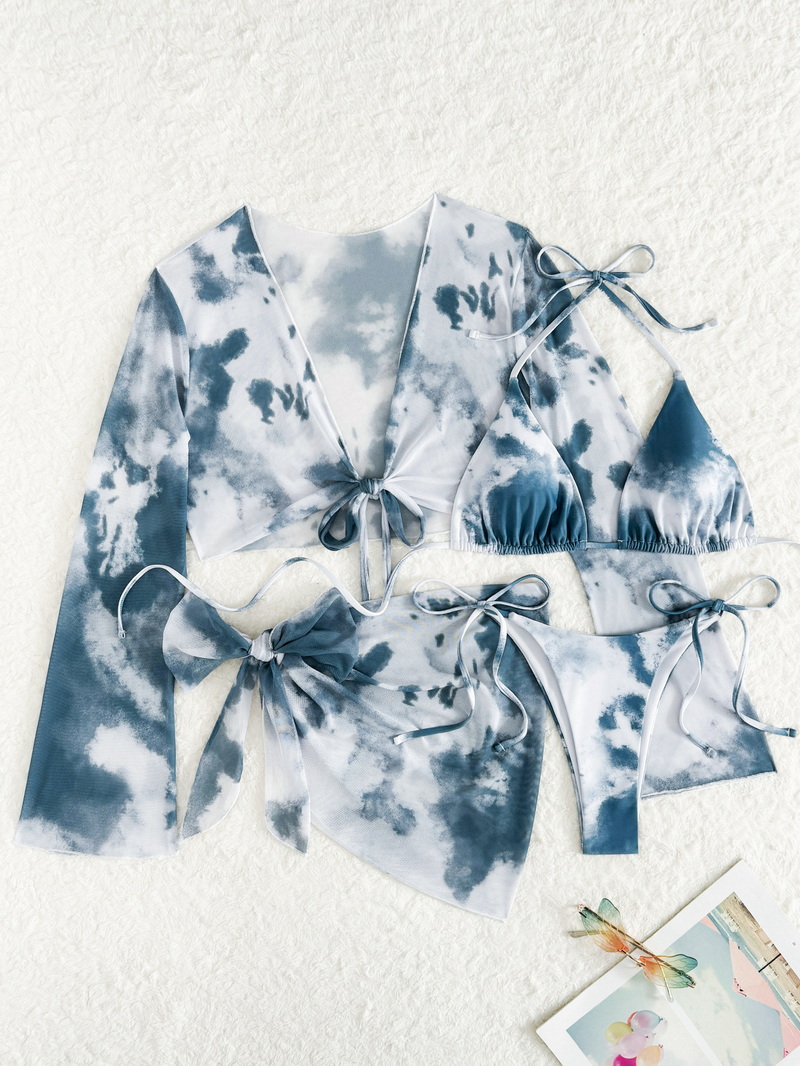 2024 Women's Tie-Dye Three-Piece Bikini Set With Long Sleeve Top
