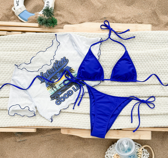 2025 Halter Bikini Set With Short Sleeve Cover-Up Three-Piece Swimsuit