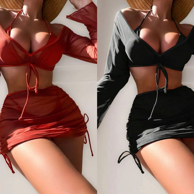 Sexy Solid Color 4-Piece Bikini Swimsuit Set for Women - Hot Seller