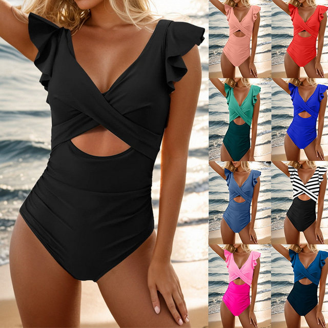 2025 Best-Selling One-Piece Swimsuit – Cross Hollow Out Ruffle Swimwear