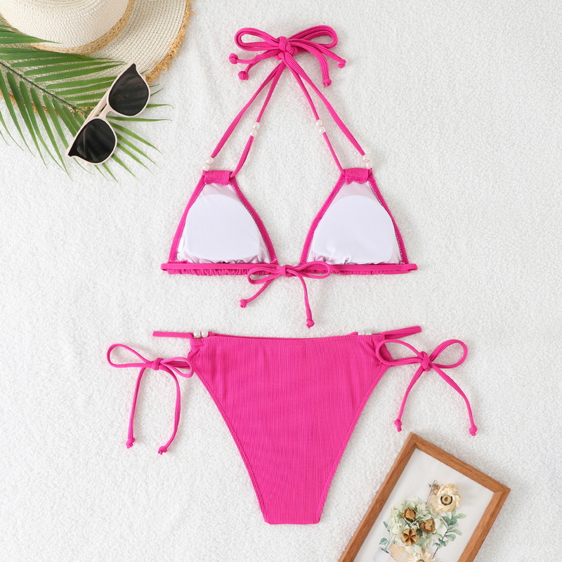2025 Western Style Swimsuit &ndash; Solid Color Pearl Tie Sexy Bikini Set_06