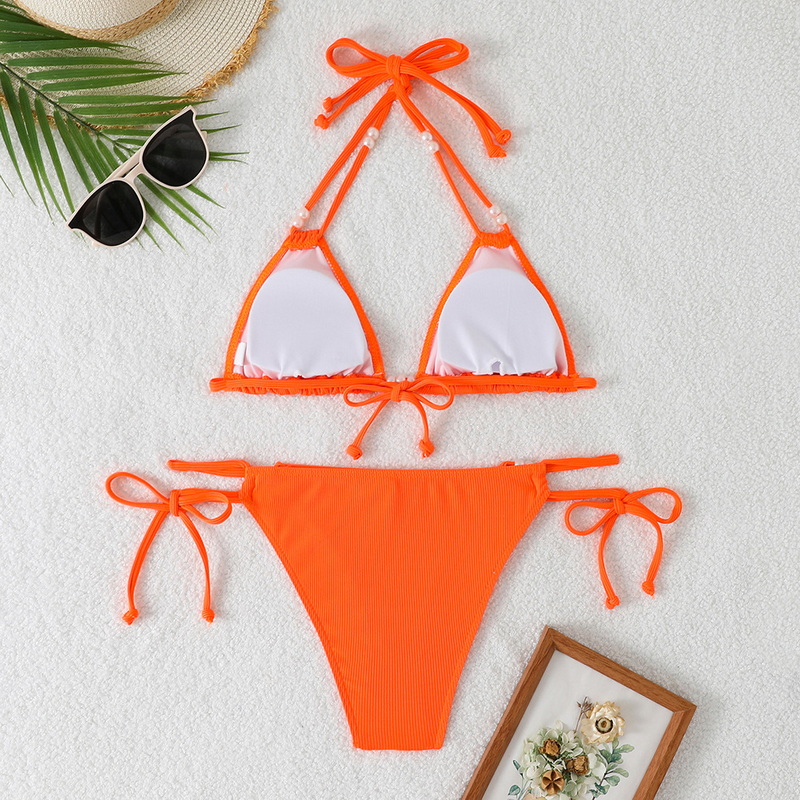 2025 Western Style Swimsuit &ndash; Solid Color Pearl Tie Sexy Bikini Set_14
