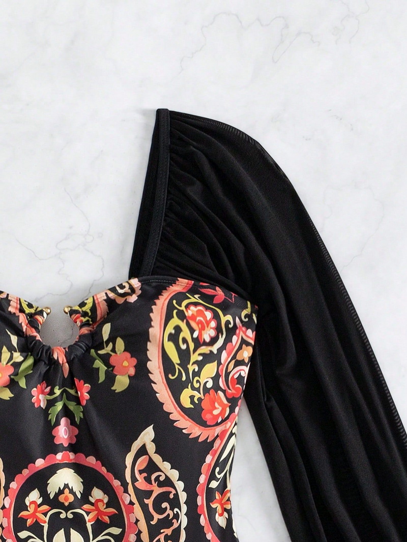 2025 New Tummy Control Long Sleeve Strapless Printed One-Piece Swimsuit for Women