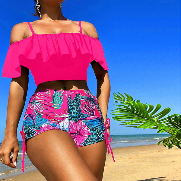 2025 New European and American Two-Piece Bikini Set Off-Shoulder High-Waist Printed Swimsuit