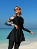 Custom European and American Women's Three-Piece Muslim Swimsuit Set with Front Zip Long Sleeve