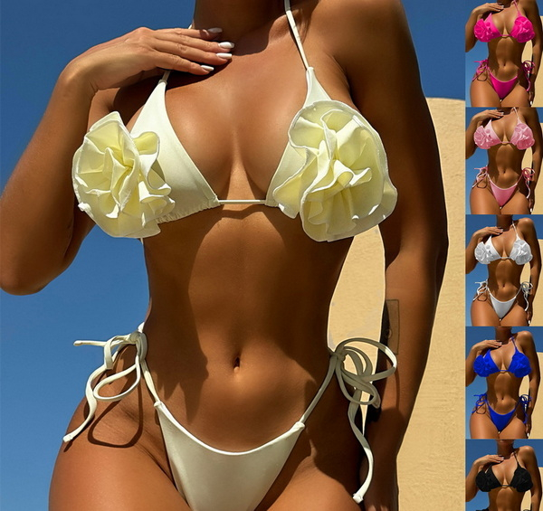 New European and American 3D Floral High Cut Halter Bikini Set