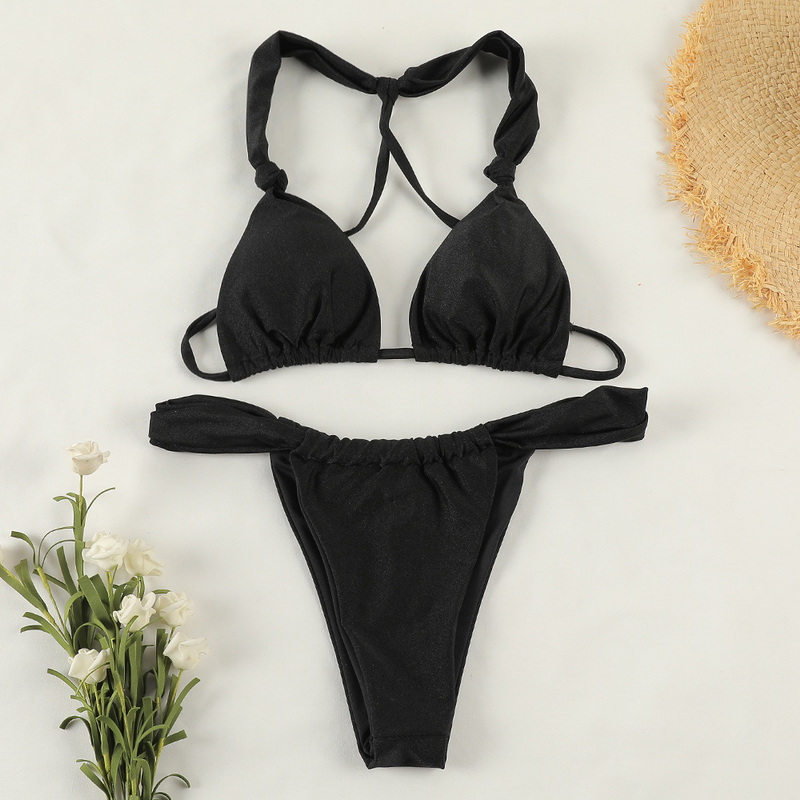 Solid Color Knot Tie Bikini Sexy Backless Double-Layer Fabric European_11