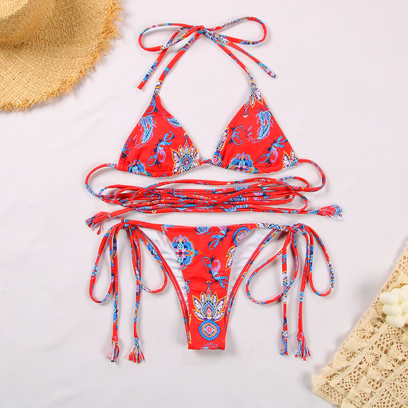 Sexy Floral Print Long Strap Bikini Backless Two-Piece Swimsuit European Export