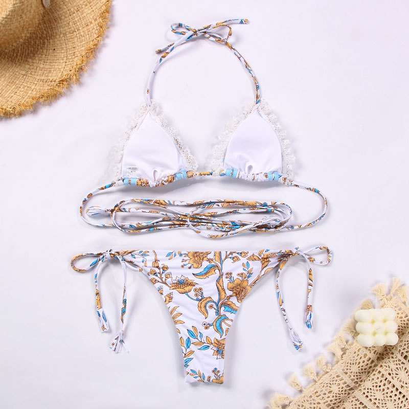 Lace Trim Spliced Strap Bikini Sexy Printed Two-Piece Swimsuit For Women European Style_09